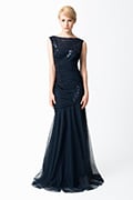 Ruched Tulle Gown with Paillette Embroidered Lace Applique in Navy