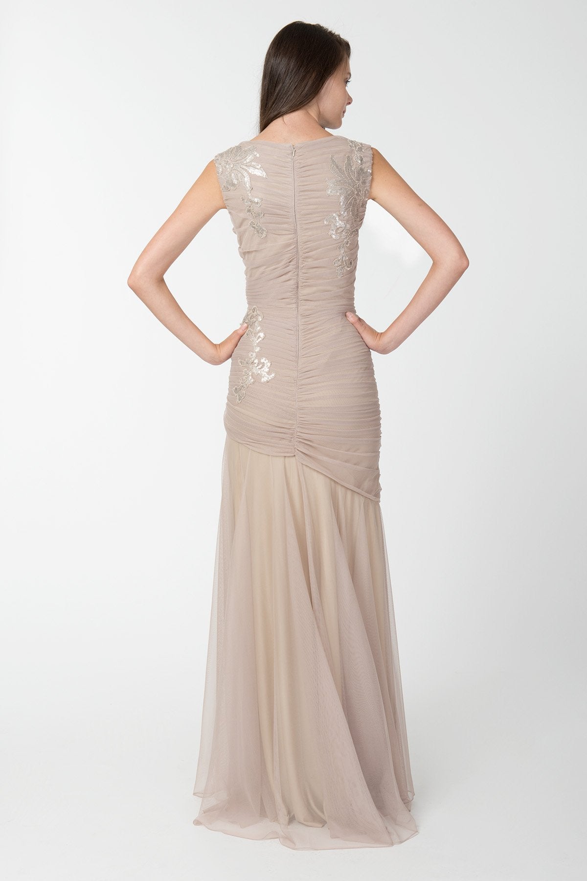 Ruched Tulle Gown with Paillette Embroidered Lace Applique in Sand
