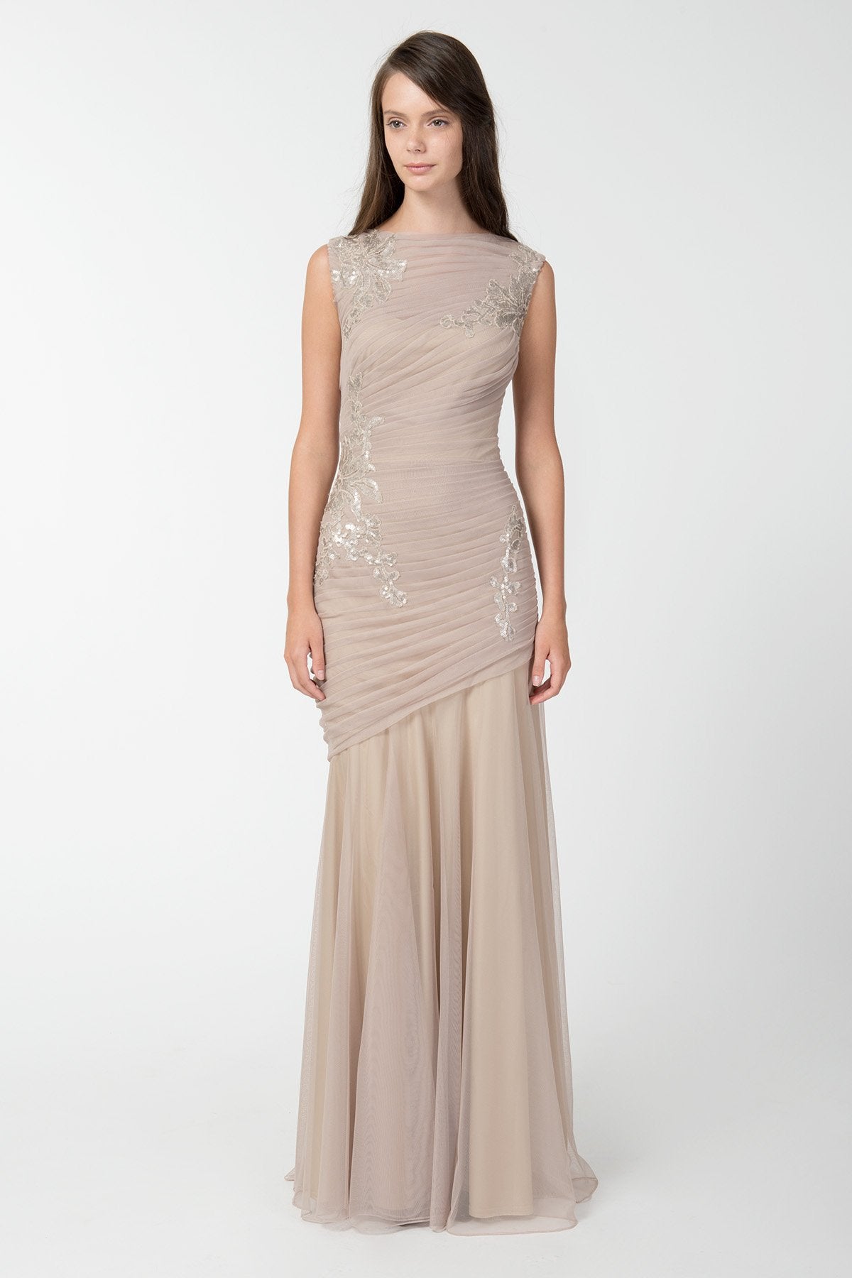 Ruched Tulle Gown with Paillette Embroidered Lace Applique in Sand