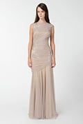 Ruched Tulle Gown with Paillette Embroidered Lace Applique in Sand