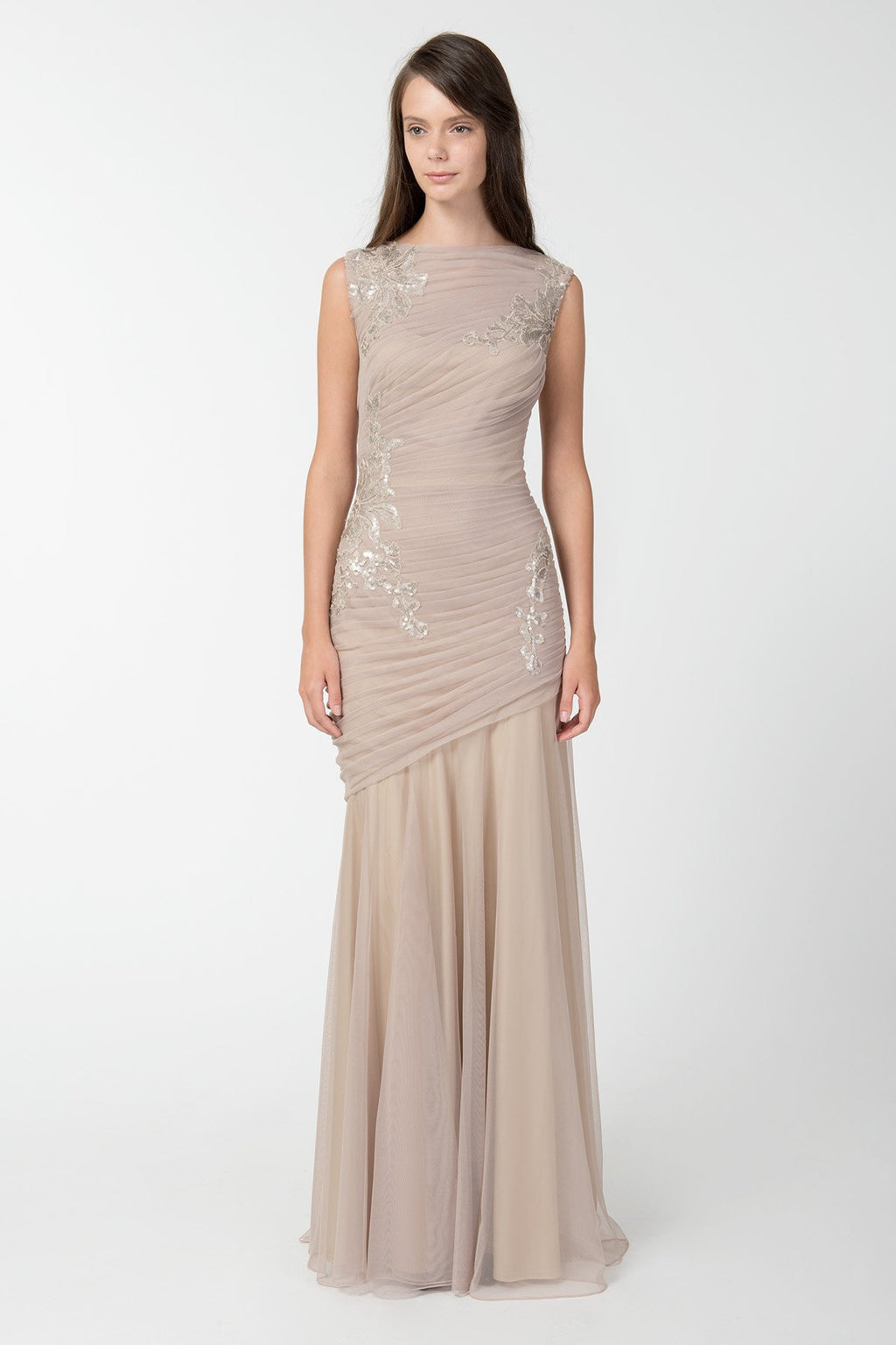 Ruched Tulle Gown with Paillette Embroidered Lace Applique in Sand