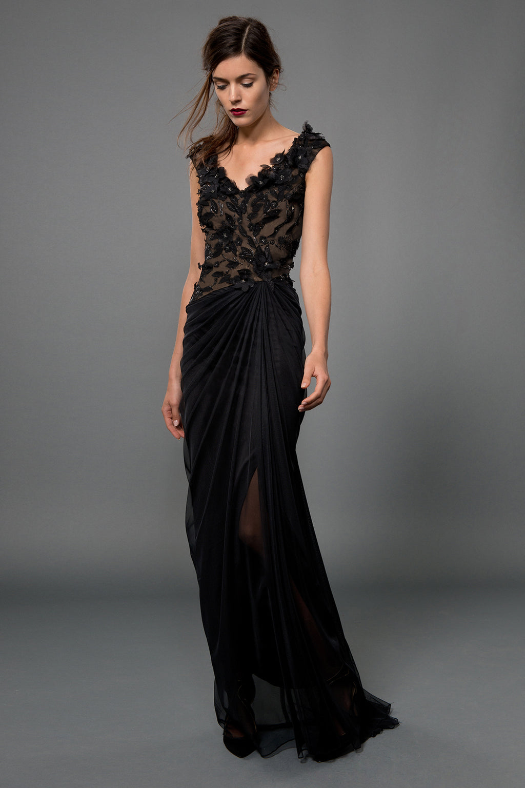 Floral Embellished Gown in Black / Nude