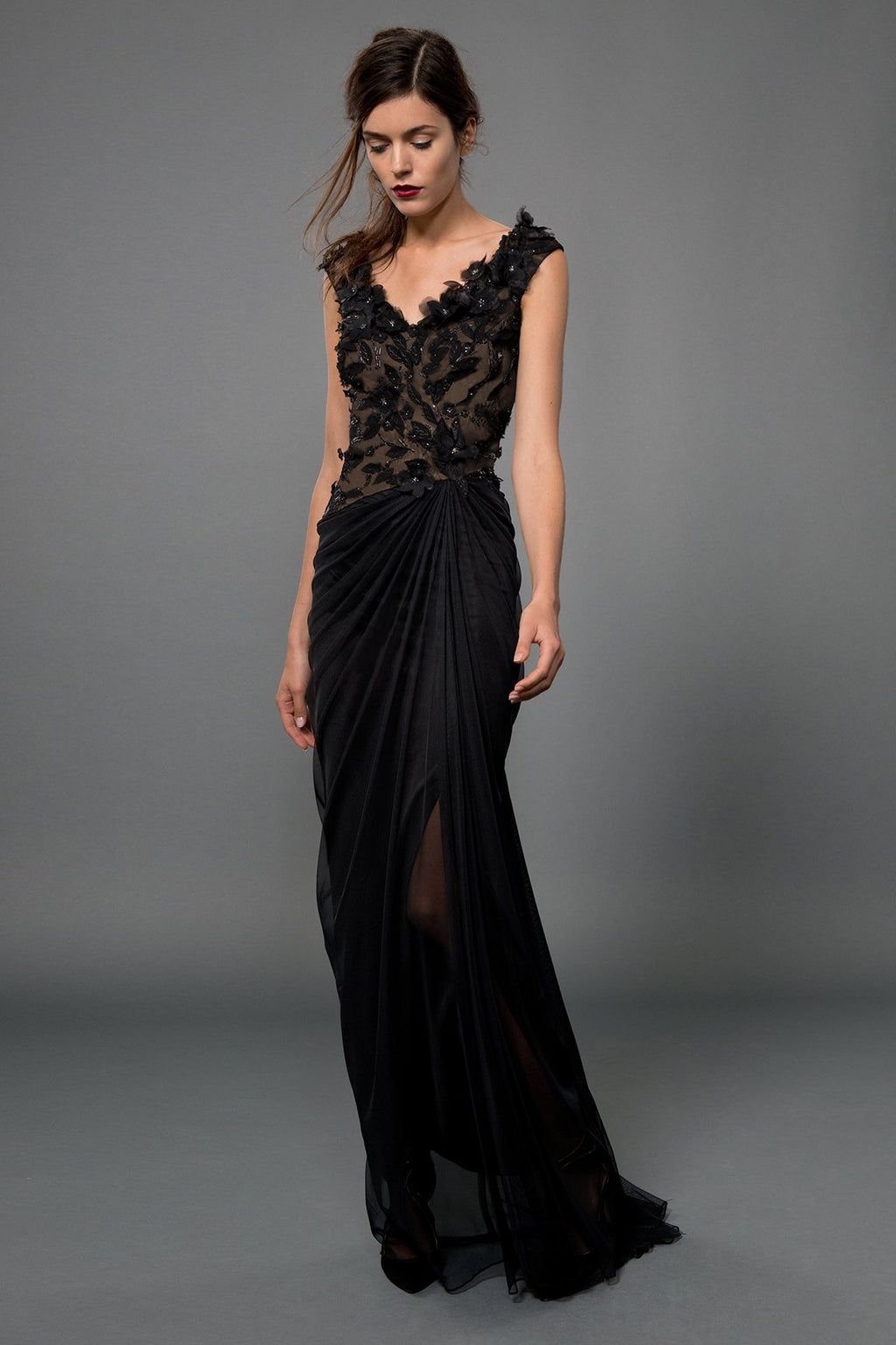 Floral Embellished Gown in Black / Nude