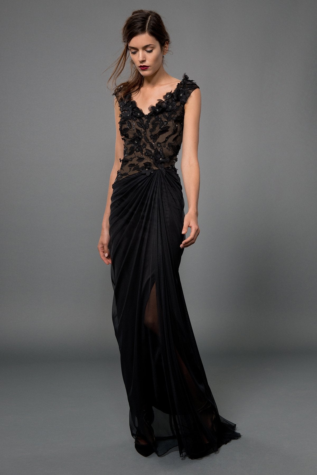 Floral Embellished Gown in Black / Nude