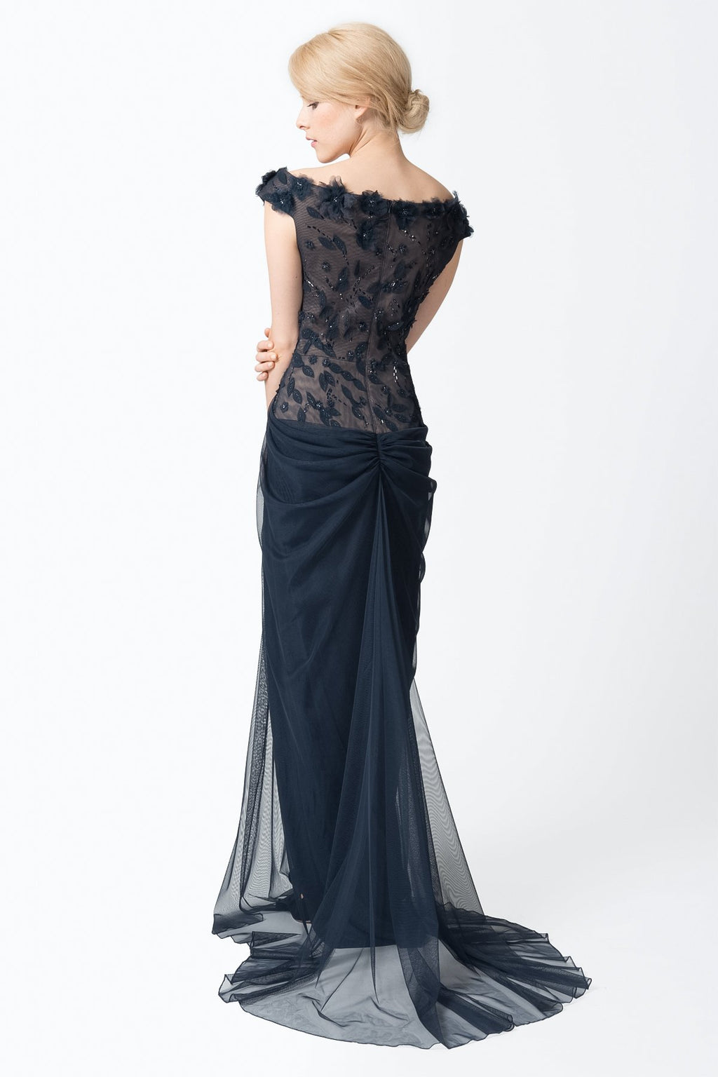 Floral Embellished Gown in Navy / Nude