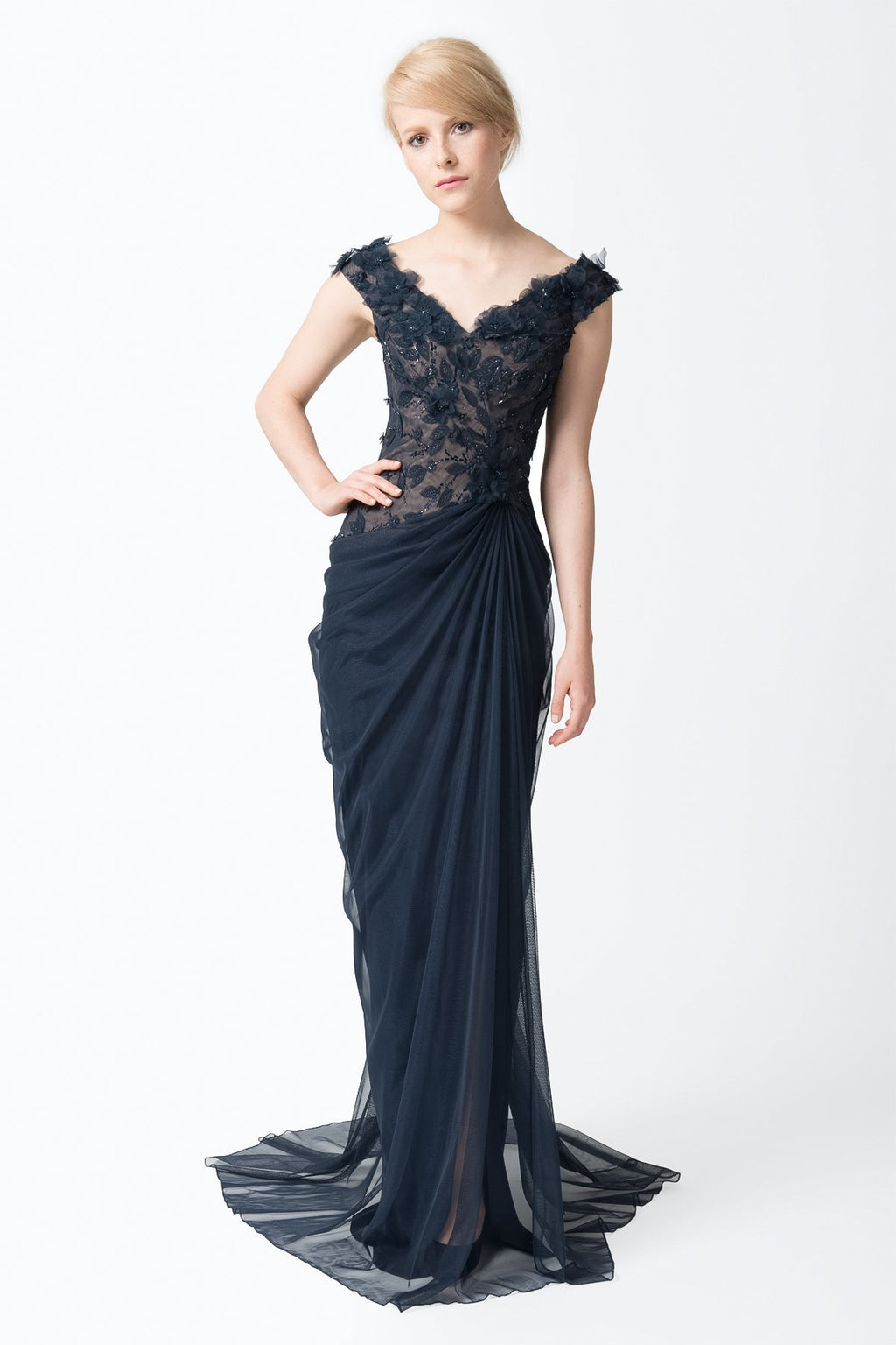 Floral Embellished Gown in Navy / Nude