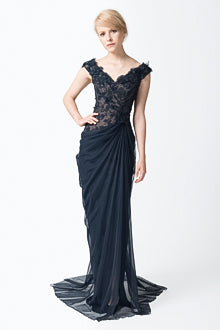 Floral Embellished Gown in Navy / Nude