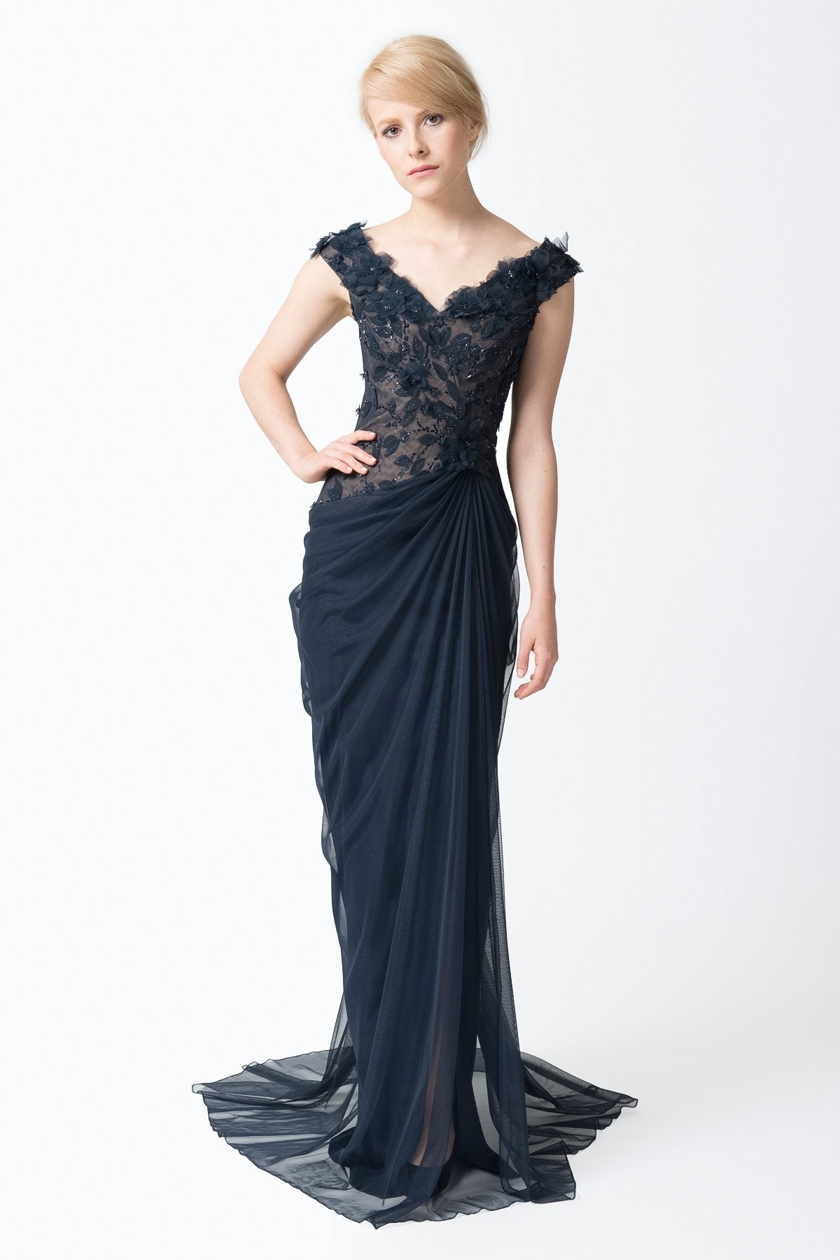 Floral Embellished Gown in Navy / Nude
