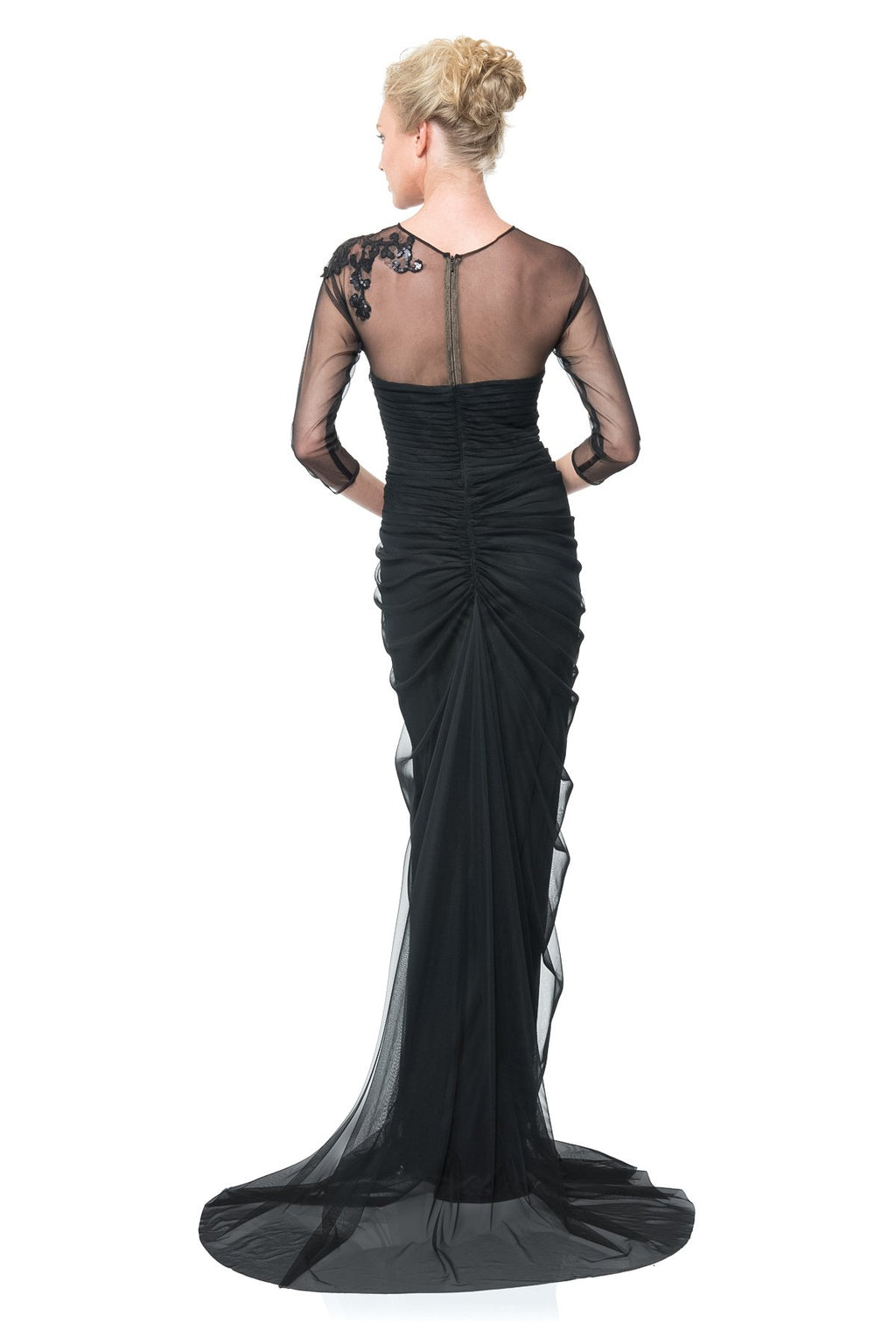 Draped Tulle 3/4 Sleeve Gown