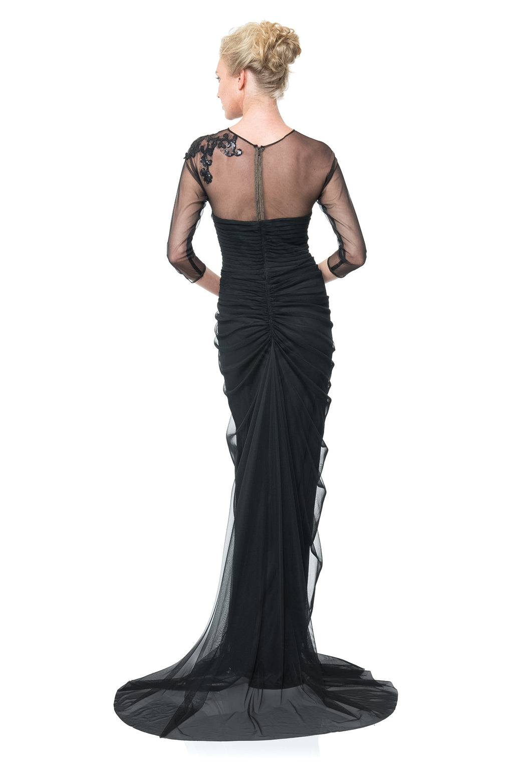 Draped Tulle 3/4 Sleeve Gown