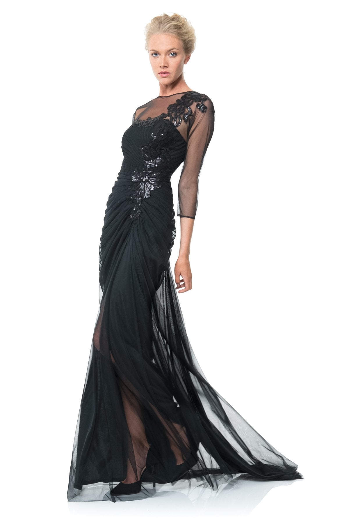 Draped Tulle 3/4 Sleeve Gown