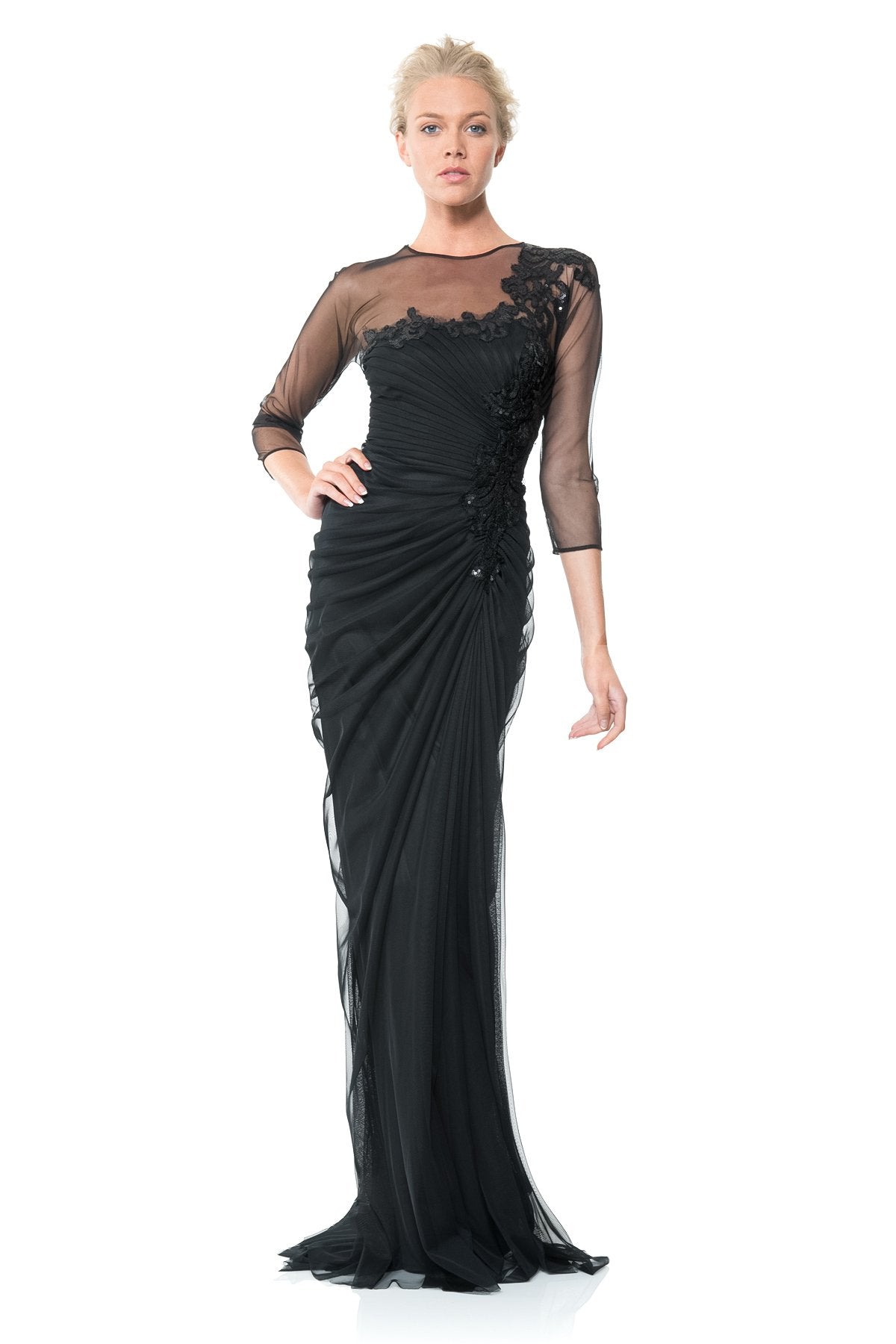 Draped Tulle 3/4 Sleeve Gown