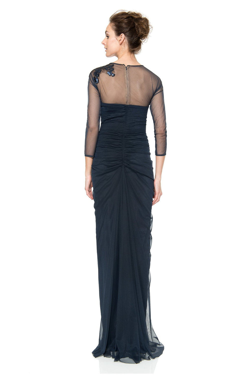 Draped Tulle 3/4 Sleeve Gown