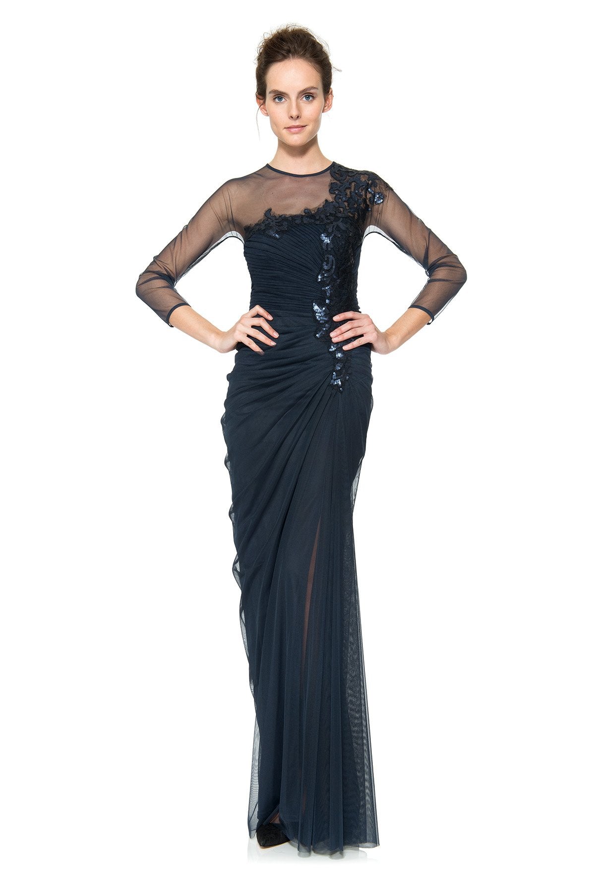 Draped Tulle 3/4 Sleeve Gown