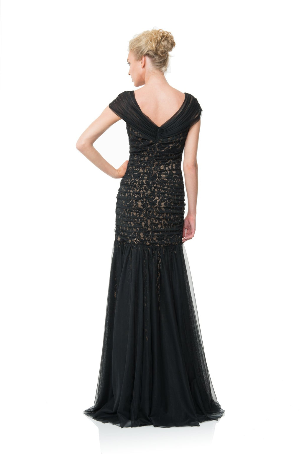 Lace Gown with Ruched Tulle Overlay
