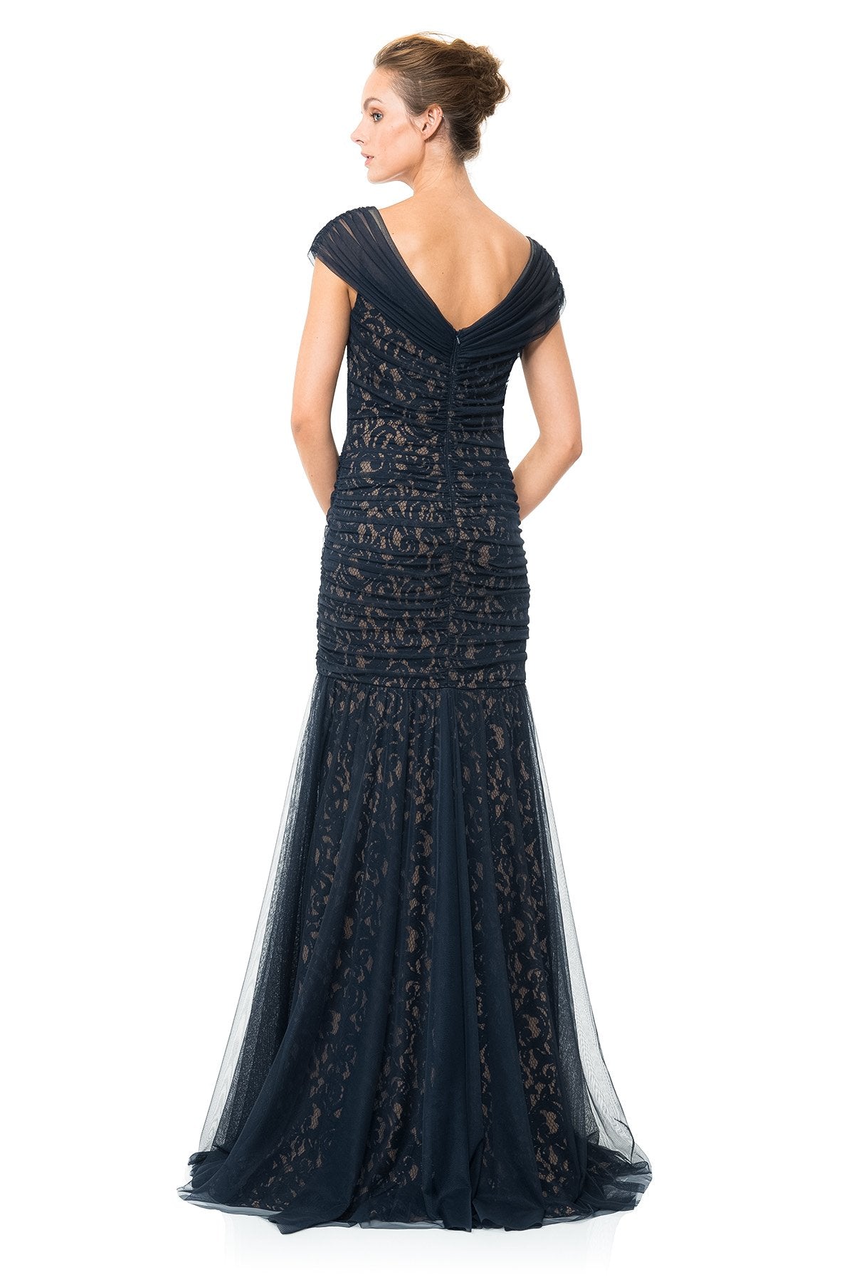 Lace Gown with Ruched Tulle Overlay