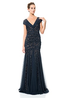 Lace Gown with Ruched Tulle Overlay