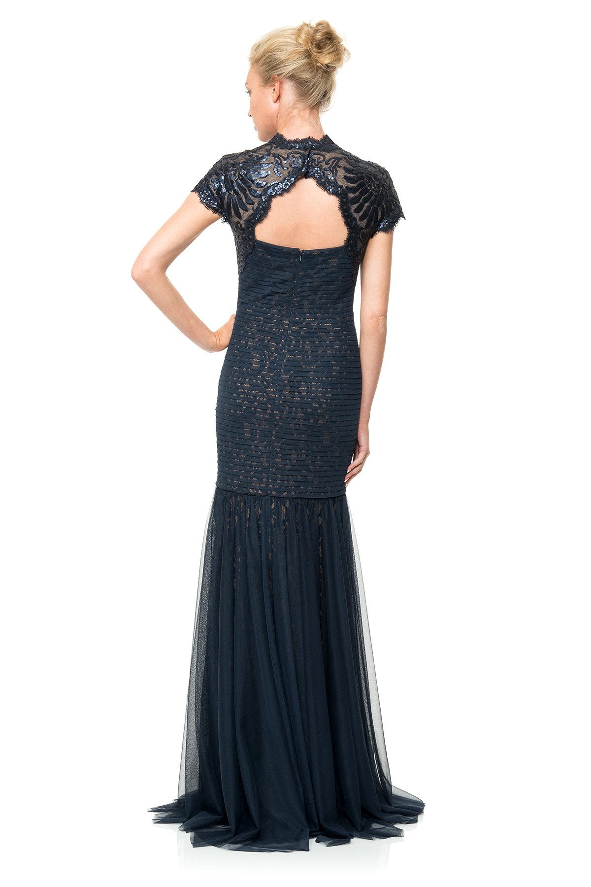 Lace Gown with Pleated Tulle Overlay