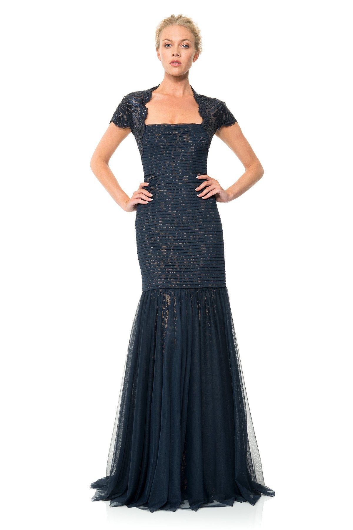 Lace Gown with Pleated Tulle Overlay