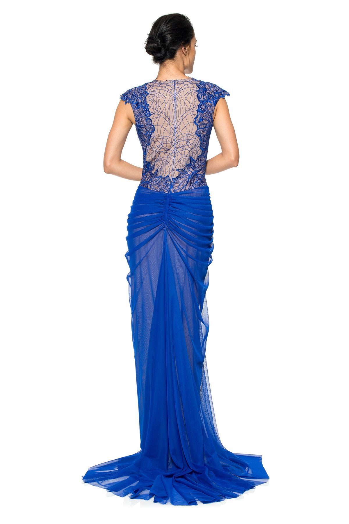 Draped Tulle and Embroidered Lace Illusion Neckline Gown