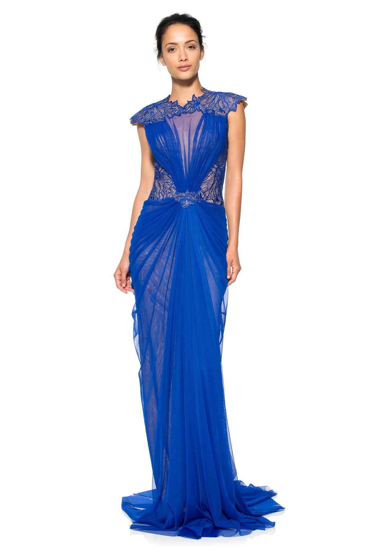 Draped Tulle and Embroidered Lace Illusion Neckline Gown