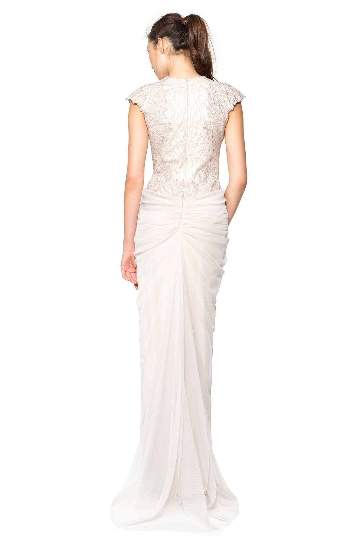 Draped Tulle and Embroidered Lace Illusion Neckline Gown