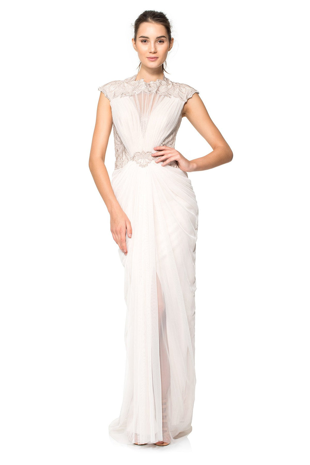 Draped Tulle and Embroidered Lace Illusion Neckline Gown