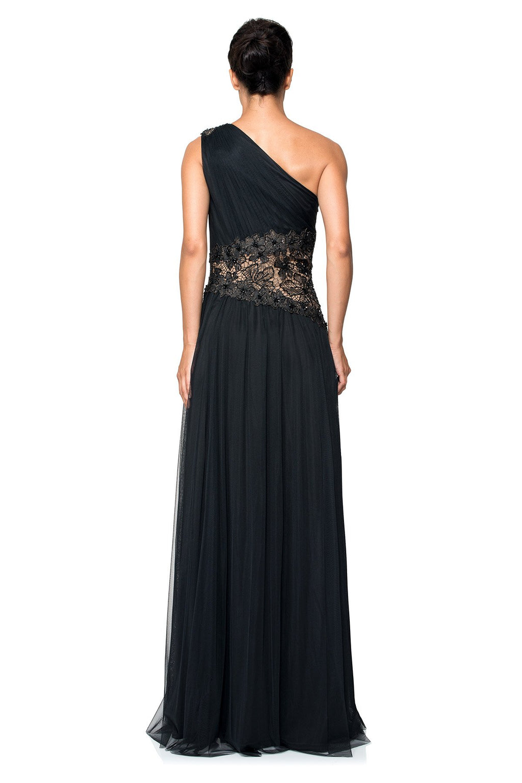 Draped Tulle One Shoulder Gown with Hand-Beaded Inset