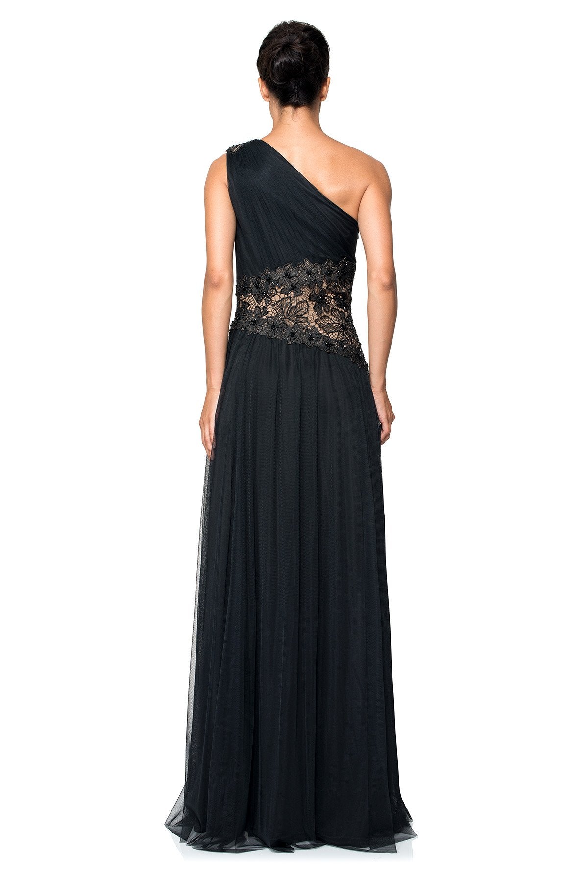 Draped Tulle One Shoulder Gown with Hand-Beaded Inset