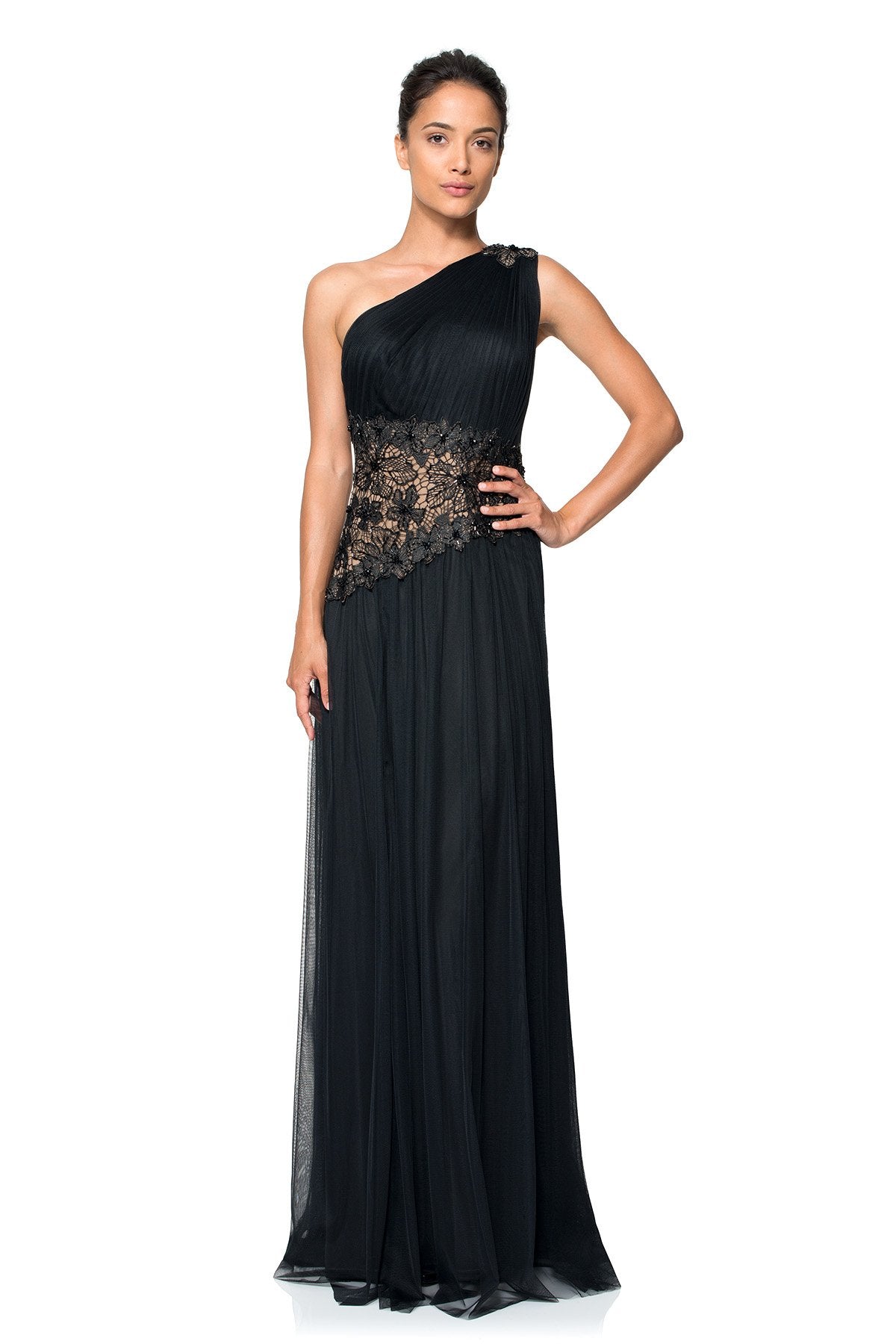 Draped Tulle One Shoulder Gown with Hand-Beaded Inset