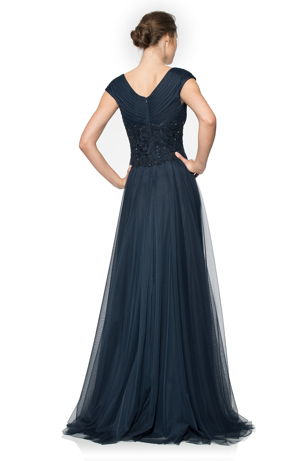 Tulle and Hand-Beaded Lace V-Neck Gown