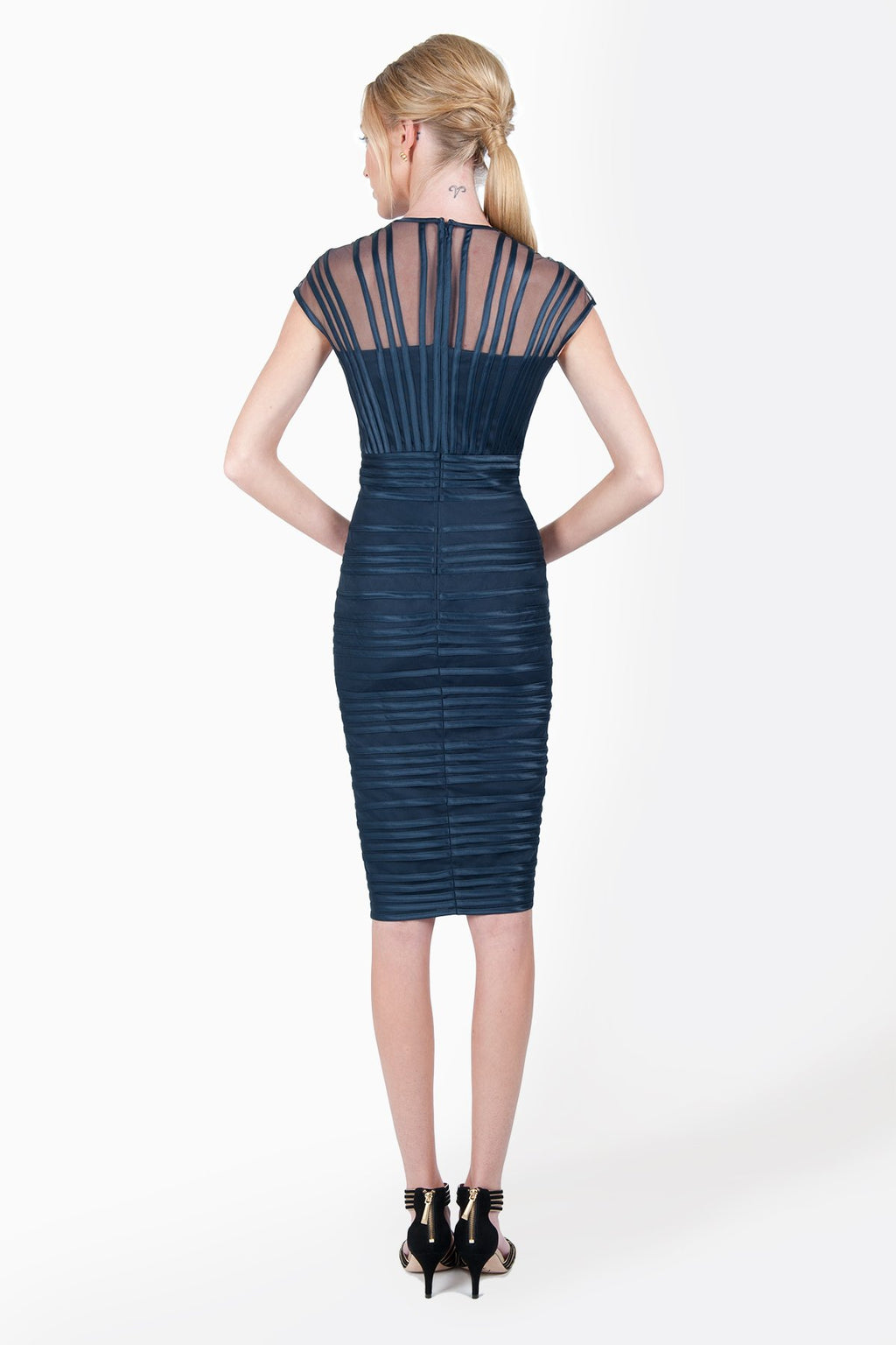 Satin Piping Cap Sleeve Dress in Navy