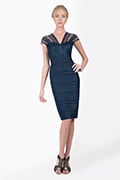Satin Piping Cap Sleeve Dress in Navy