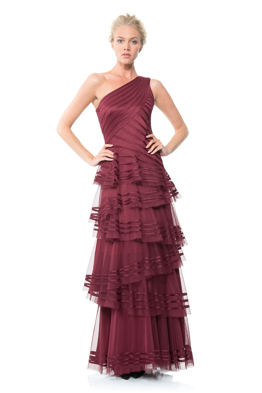 Satin Piping One Shoulder Tiered Gown