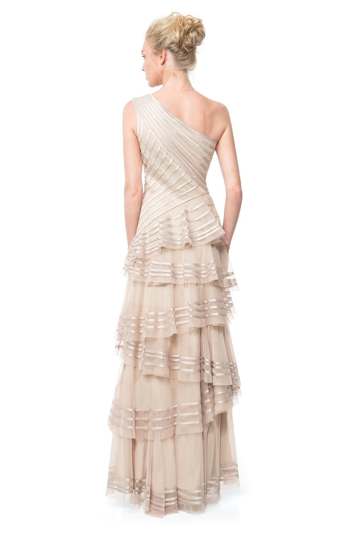 Satin Piping One Shoulder Tiered Gown