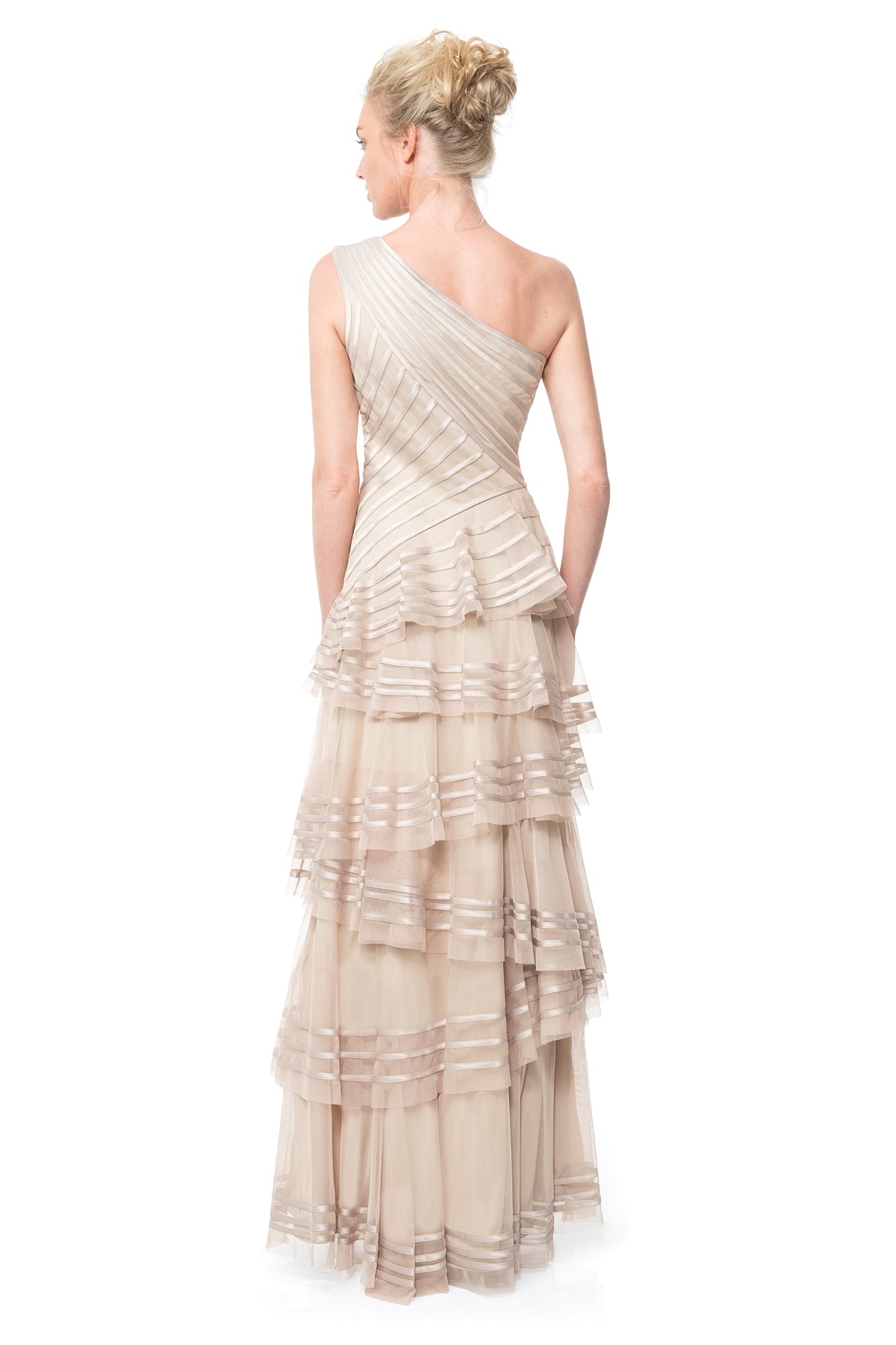 Satin Piping One Shoulder Tiered Gown