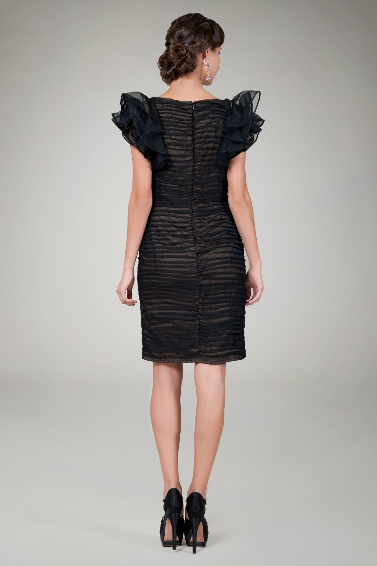 Black/Nude Rouched Tulle With Ruffled Sleeve Cocktail Dress