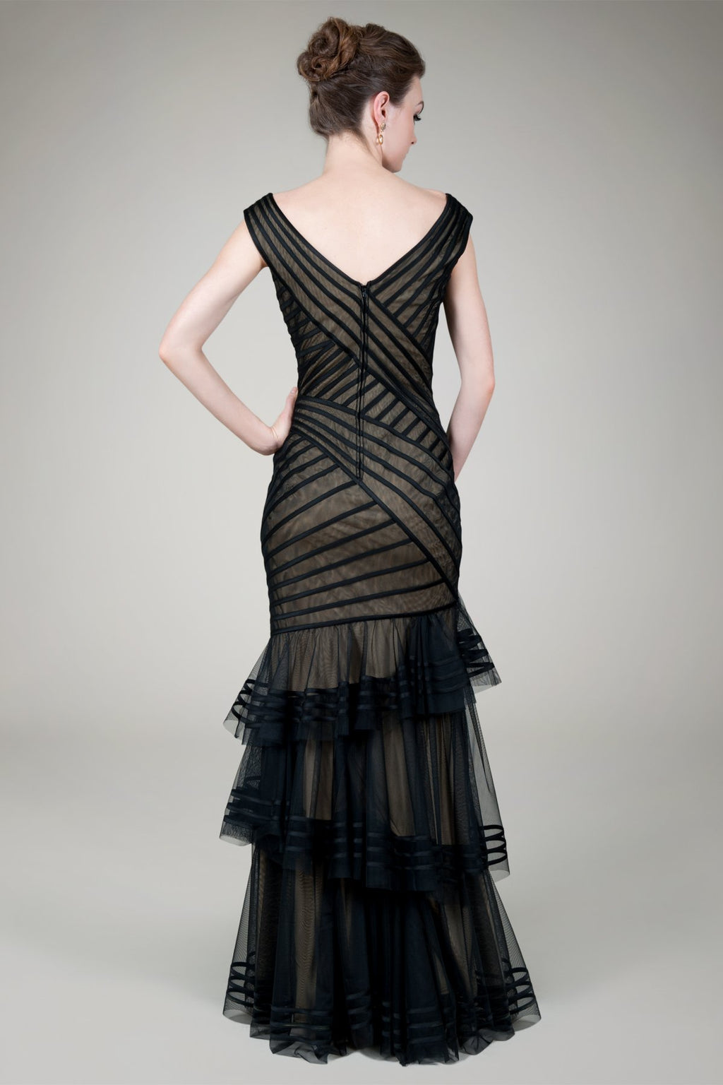 Tulle Tiered Gown in Black / Nude