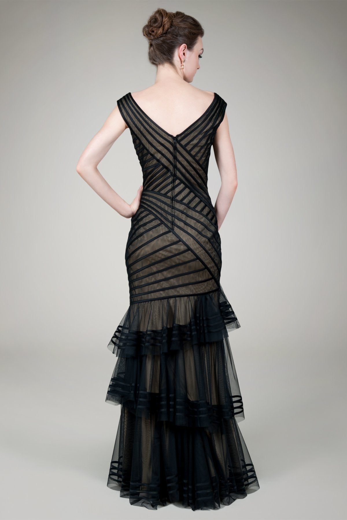 Tulle Tiered Gown in Black / Nude