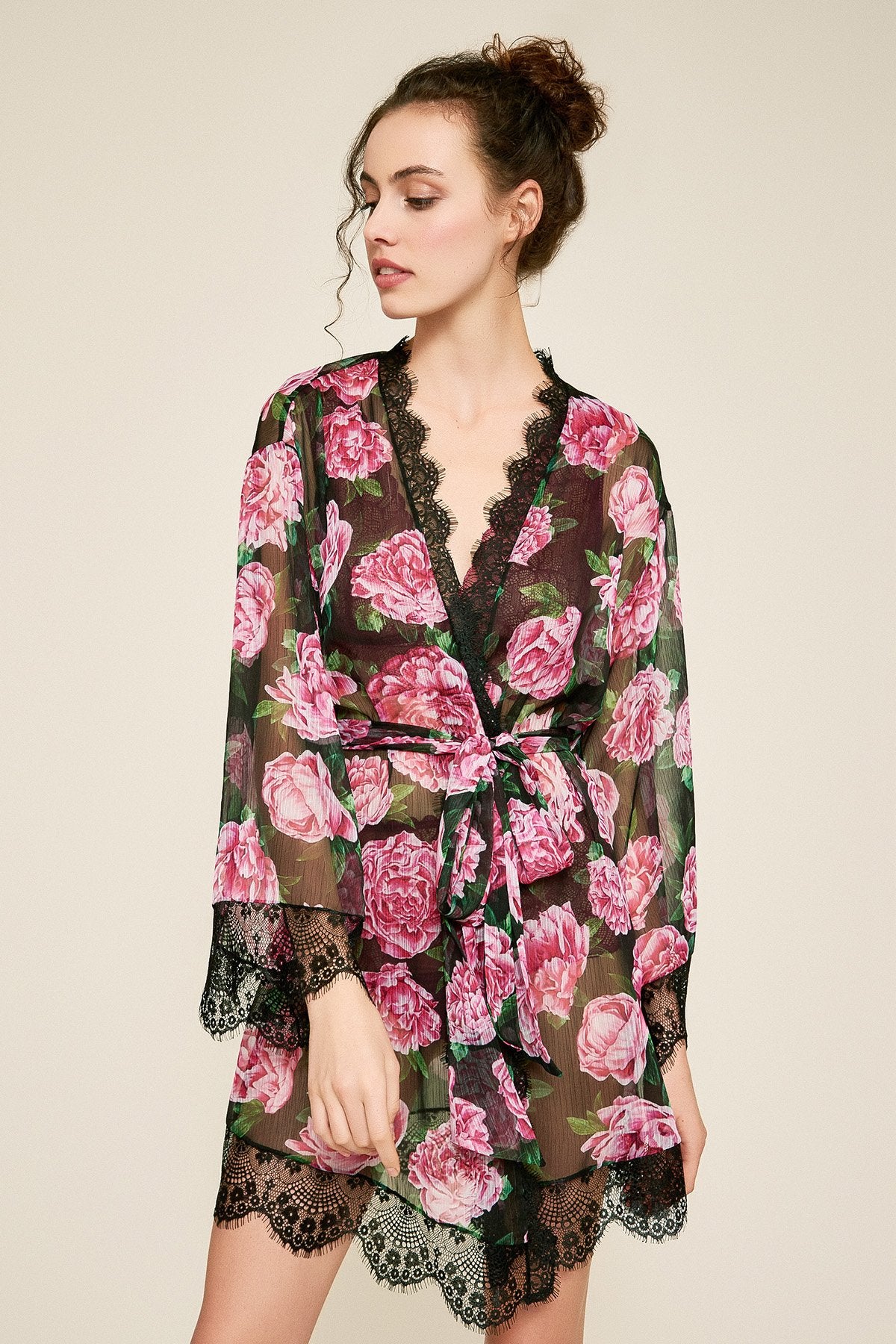 Patel Peony-Print Silk Chiffon Short Robe