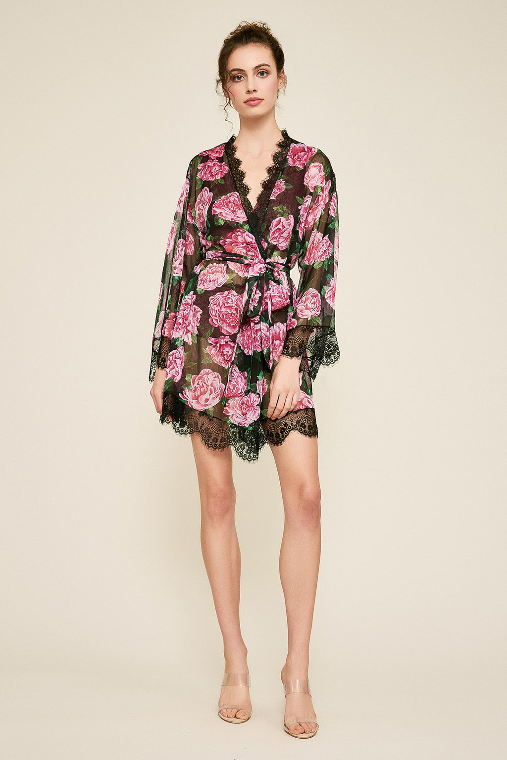 Patel Peony-Print Silk Chiffon Short Robe