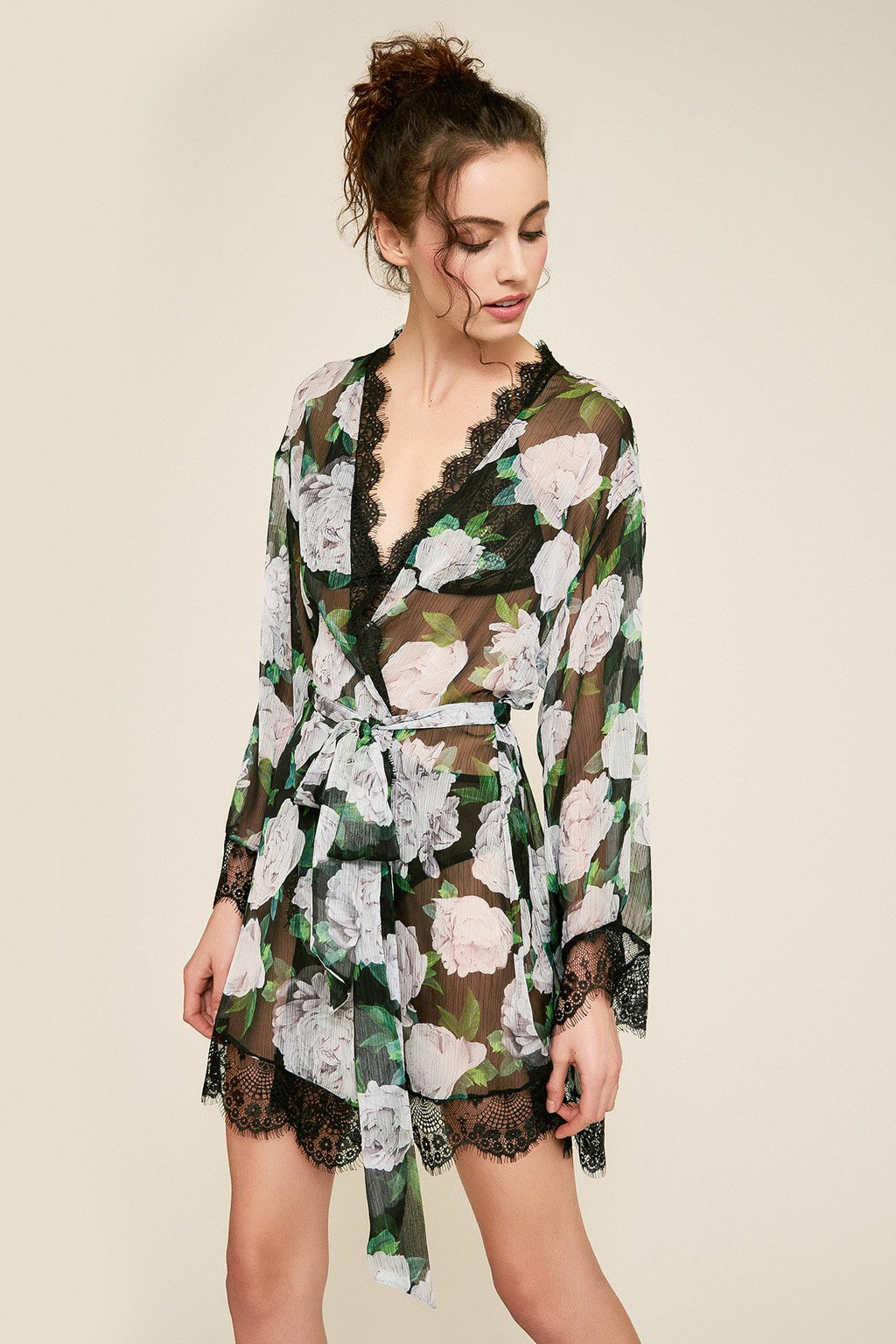 Patel Peony-Print Silk Chiffon Short Robe