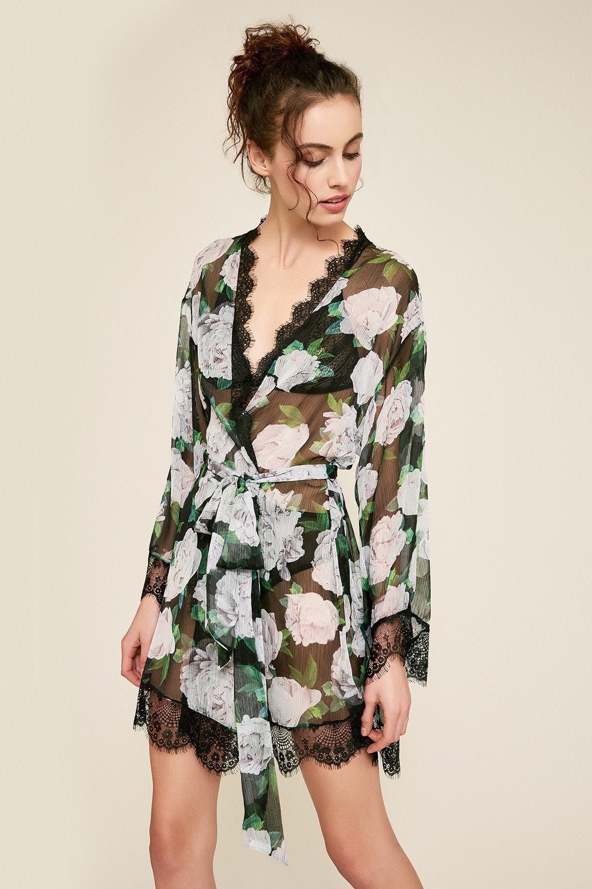 Patel Peony-Print Silk Chiffon Short Robe