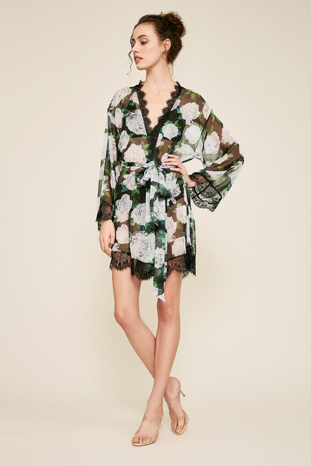 Patel Peony-Print Silk Chiffon Short Robe