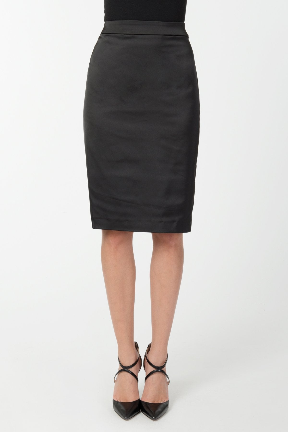 Stretch Satin Pencil Skirt in Black