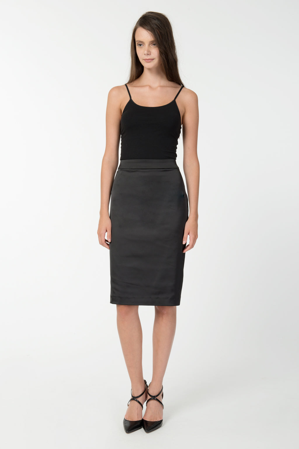 Stretch Satin Pencil Skirt in Black