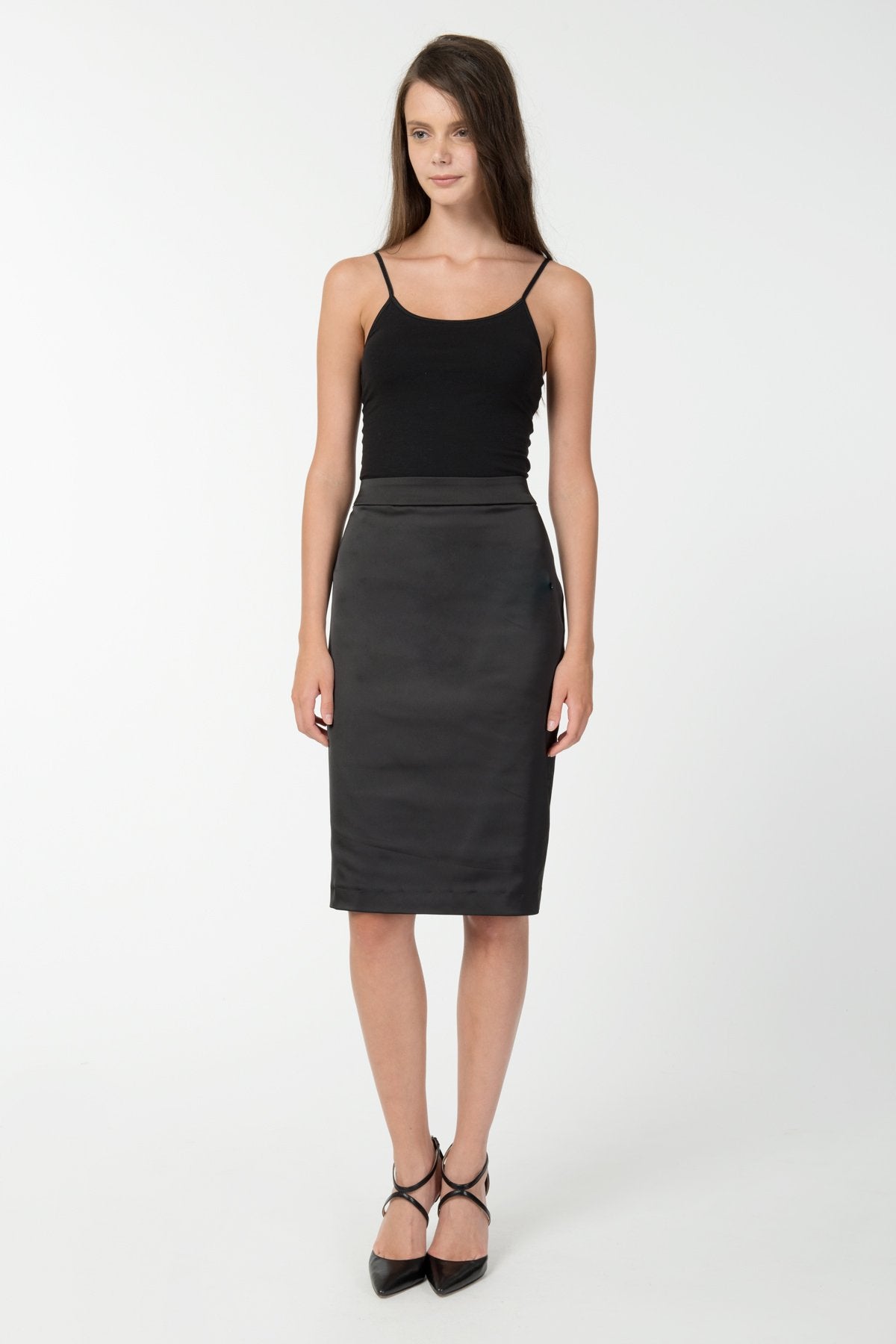 Stretch Satin Pencil Skirt in Black