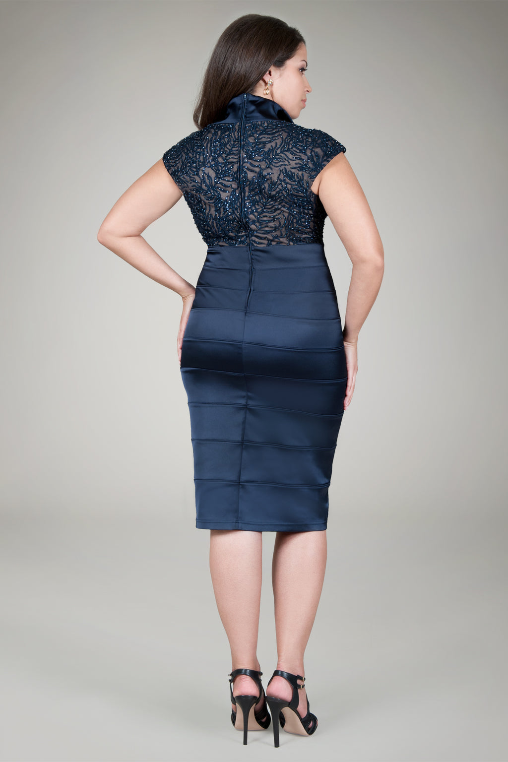 Beaded Satin Cocktail Dress in Navy