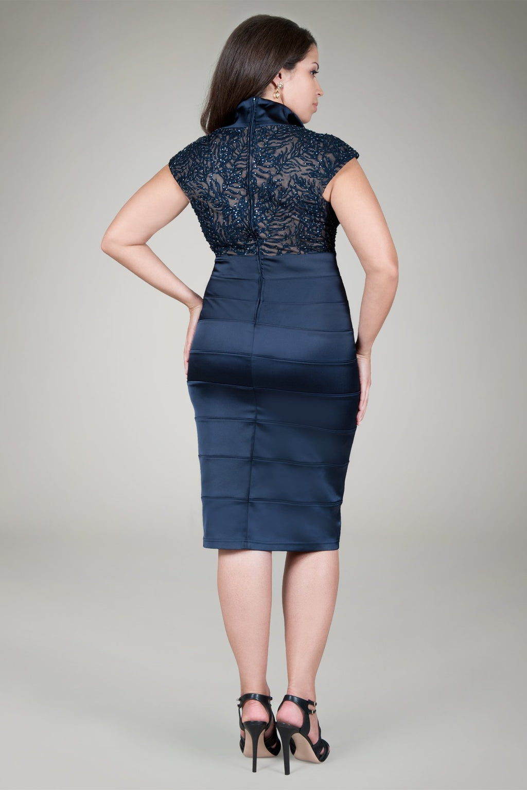 Beaded Satin Cocktail Dress in Navy