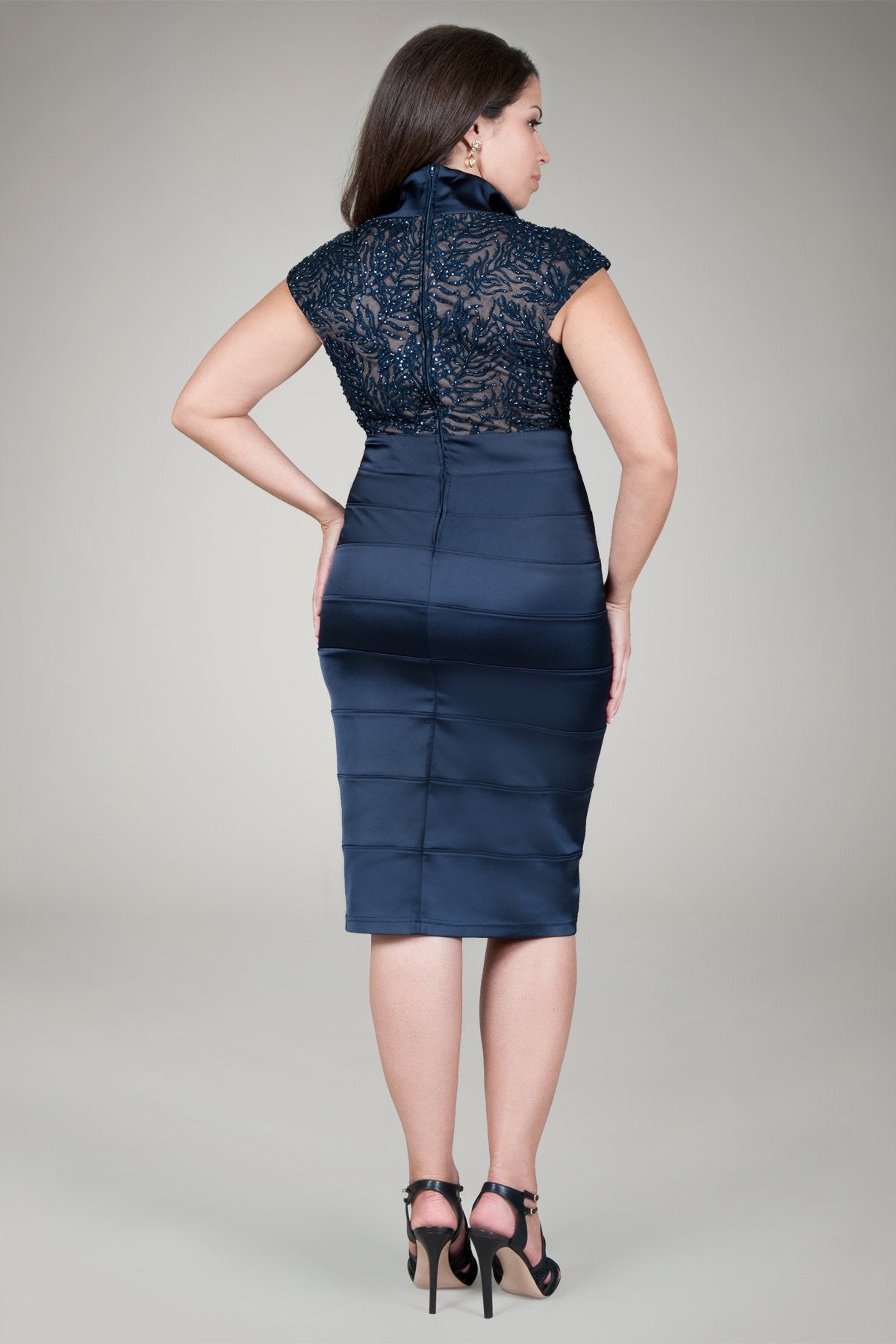 Beaded Satin Cocktail Dress in Navy
